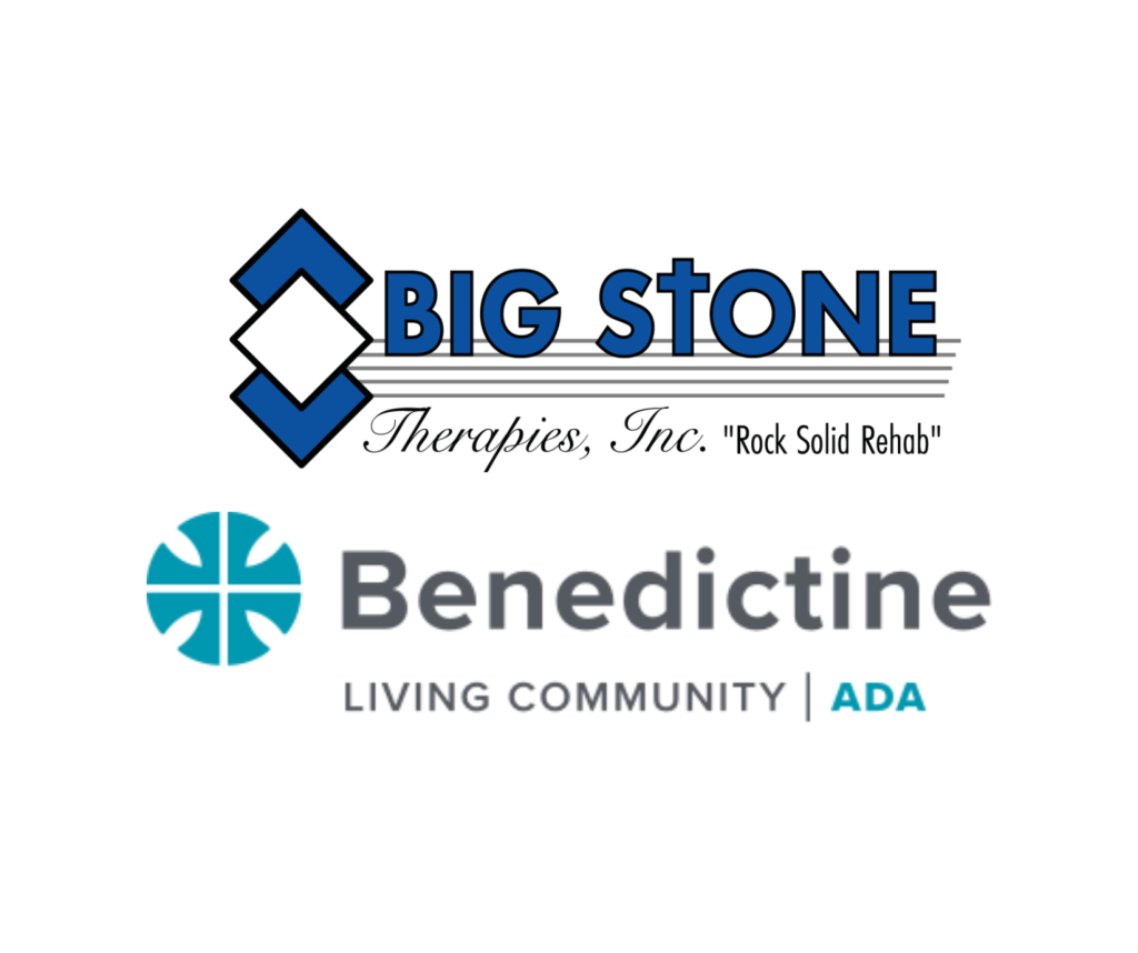 Logos for Big Stone Therapies and Benedictine Living Community promoting supportive rehabilitation services.