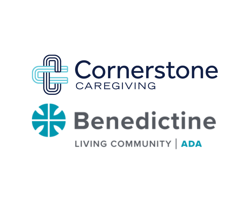 Logos for Cornerstone Caregiving and Benedictine Living Community ADA, symbolizing trusted senior support.