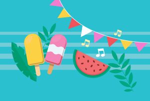 Summer block party scene with colorful popsicles, watermelon, festive flags, and music notes