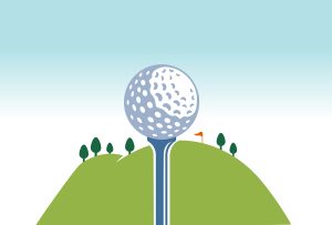 Illustration of a golf ball on a tee with trees and a flag on rolling green hills.