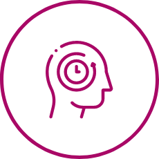 Simple purple icon depicting a human head with a clock inside, symbolizing memory care.