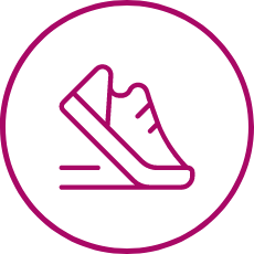 Simple line art of a running shoe inside a circle, symbolizing active rehabilitation and wellness.