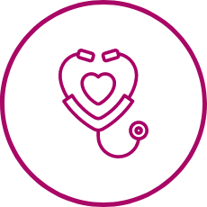 Stethoscope with heart symbol in a warm purple circle, representing skilled nursing care.