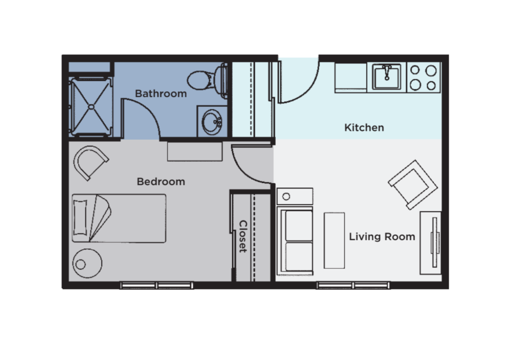 One-bedroom floor plan featuring accessible bathroom, kitchen, and inviting living space.