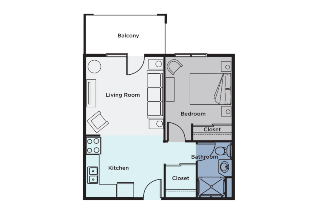 One-bedroom apartment with living room, kitchen, bathroom, closets, and a balcony for relaxing.