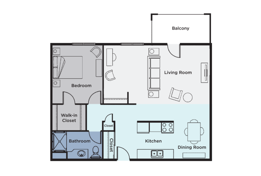 One-bedroom apartment floor plan featuring a walk-in closet, balcony, and open living spaces.