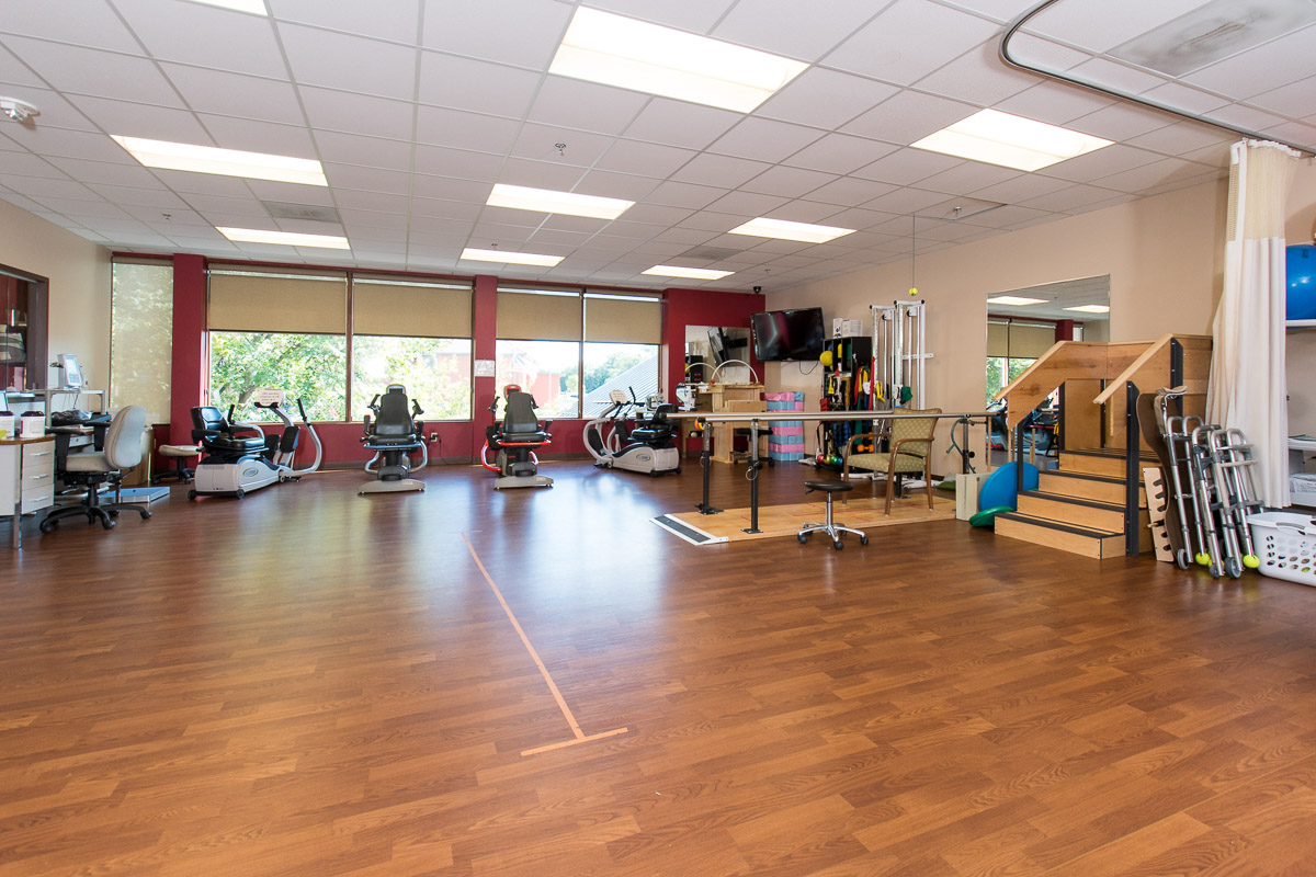 Bright, spacious therapy room with exercise equipment and natural light fostering active wellness.