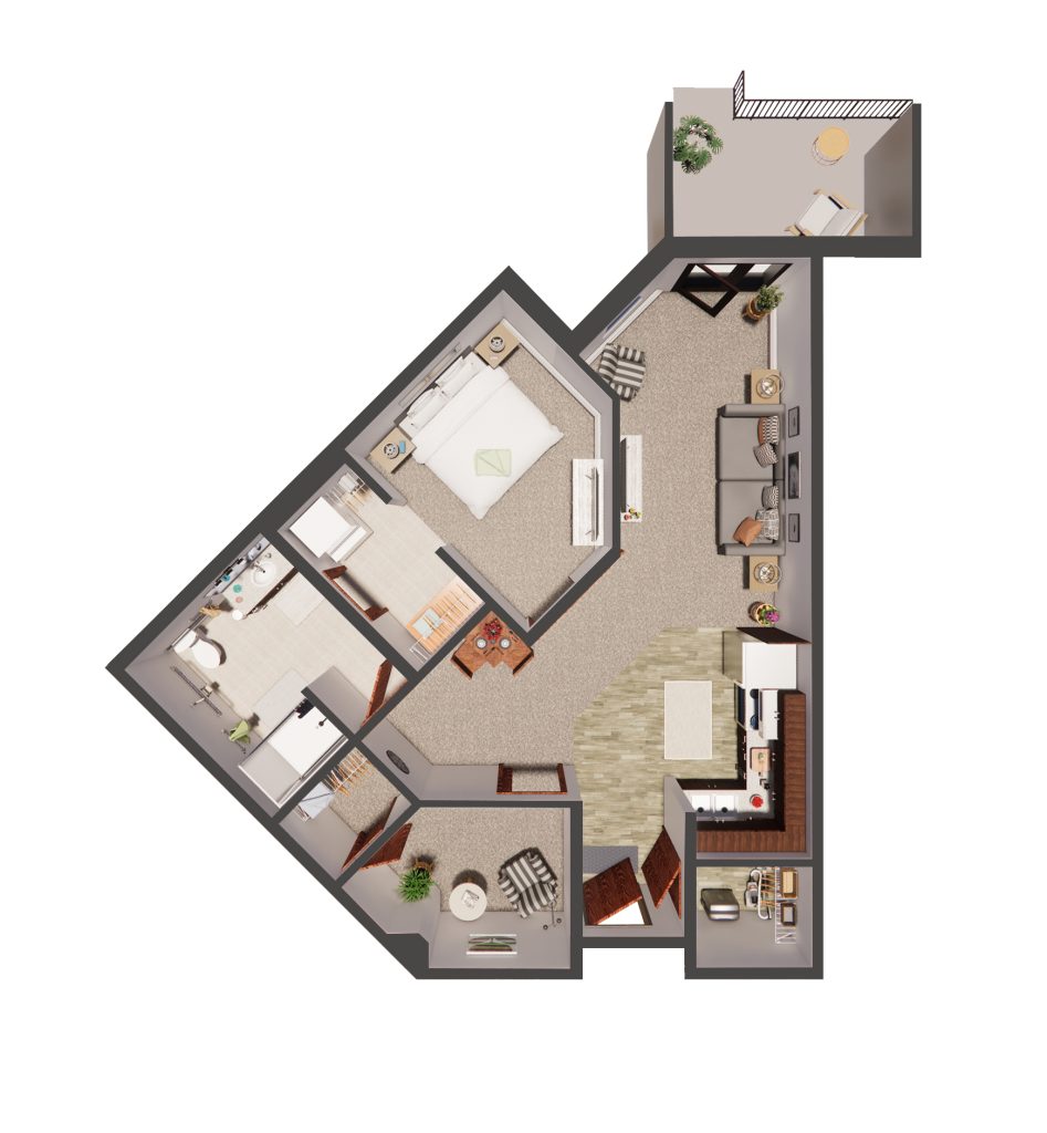 Spacious one-bedroom apartment with living area, kitchen, bathroom, and balcony for relaxing comfort.