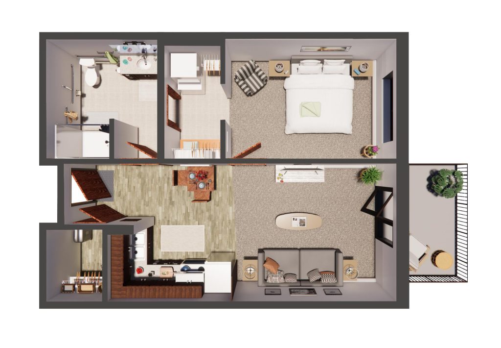 One-bedroom apartment with spacious living areas, an accessible bathroom, and a relaxing balcony.