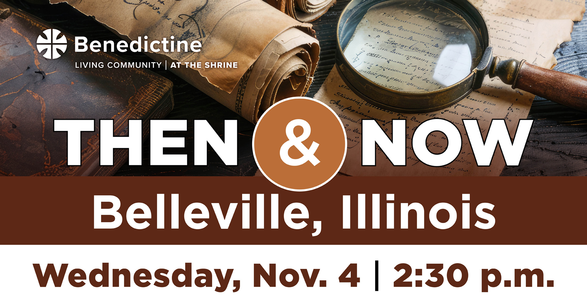 Event announcement featuring vintage documents and magnifying glass, inviting community gathering.
