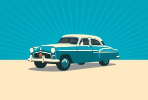 Classic blue and cream vintage car illustration celebrating timeless style and community spirit.