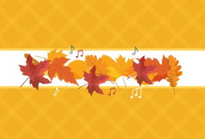Autumn leaves and musical notes create a warm, inviting atmosphere of seasonal celebration.