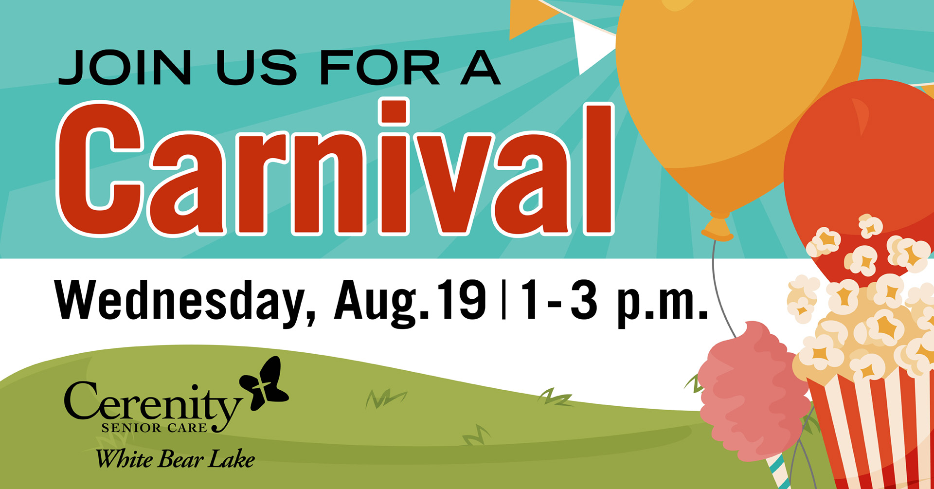 Invitation to a cheerful outdoor carnival event promoting community and fun at senior care.