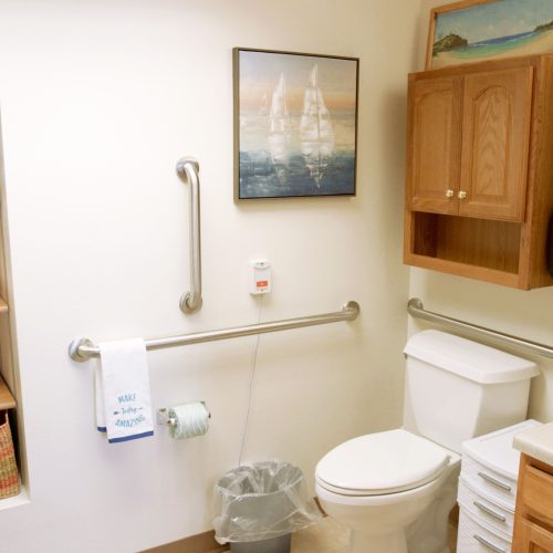 Bright, accessible bathroom with safety rails, fresh towels, and warm wooden cabinetry.