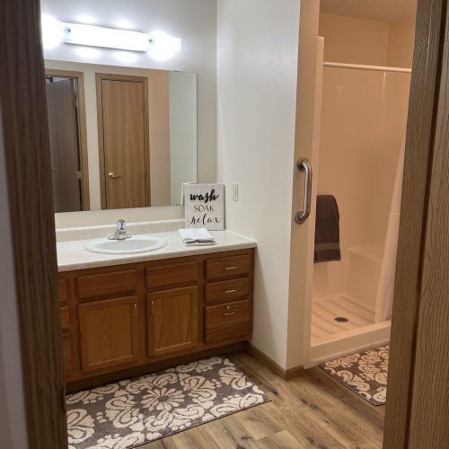 Bright, accessible bathroom with wood accents, safety grab bar, and welcoming decor for residents.
