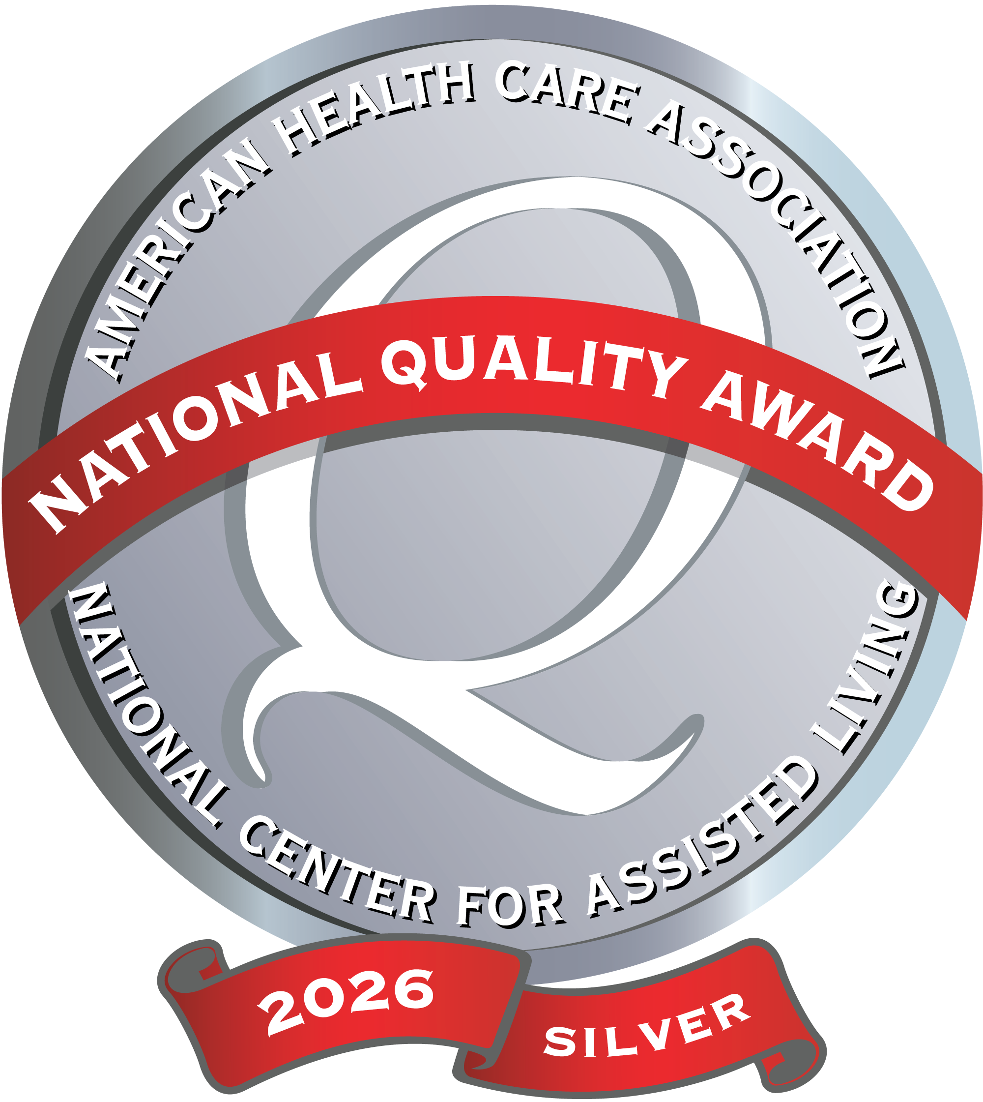 Silver National Quality Award emblem from the American Health Care Association representing excellence in assisted living.