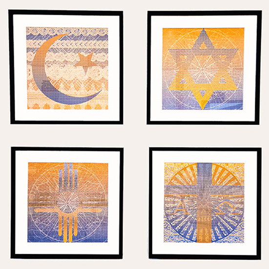 Framed artwork showcasing symbols of diverse faiths, promoting unity and respect in the community.
