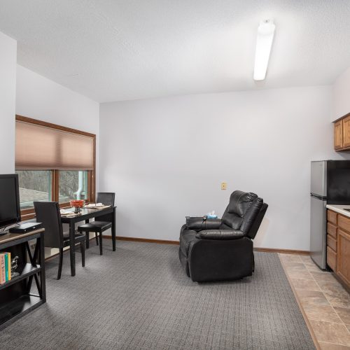 Welcoming living space with kitchenette, dining area, and comfortable seating for relaxing moments.