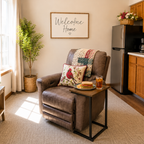 Sunlit living space with a welcoming chair, meal, and inviting