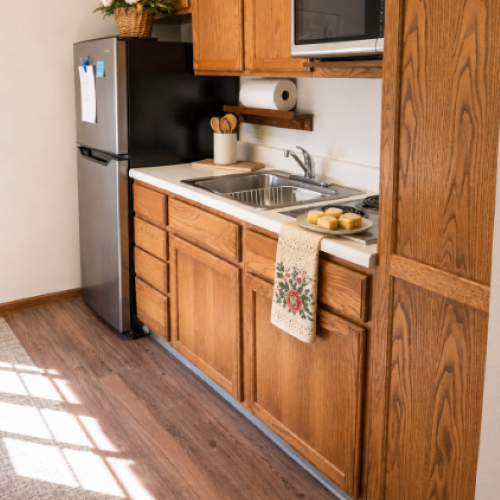 Warm, inviting kitchen with wooden cabinetry and modern appliances, perfect for shared meals.