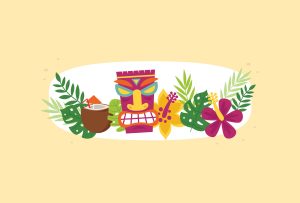 Bright tropical design with a tiki mask, hibiscus flowers, leaves, and a coconut drink.