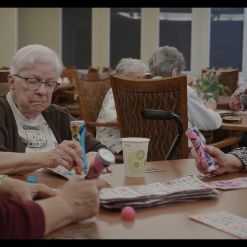 Seniors engaged in a lively bingo game in a warm, welcoming community room.