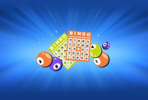 Colorful bingo cards and numbered balls set against a bright, inviting blue background.