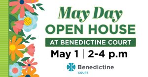 Bright floral design welcomes visitors to Benedictine Court’s May Day open house community event.