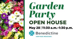 Bright, colorful flowers alongside details for a welcoming retirement community garden event.