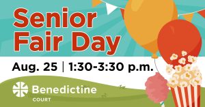Bright and inviting Senior Fair Day announcement with festive balloons, popcorn, and treats.