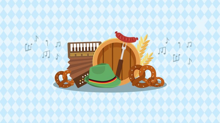 Traditional Oktoberfest symbols with music notes evoke a lively community celebration atmosphere.