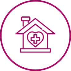 Icon of a home with a heart and medical cross, symbolizing compassionate hospice care.