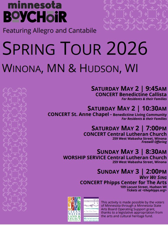 Bright promotional poster for Minnesota Boychoir's Spring Tour 2026 with community event details.