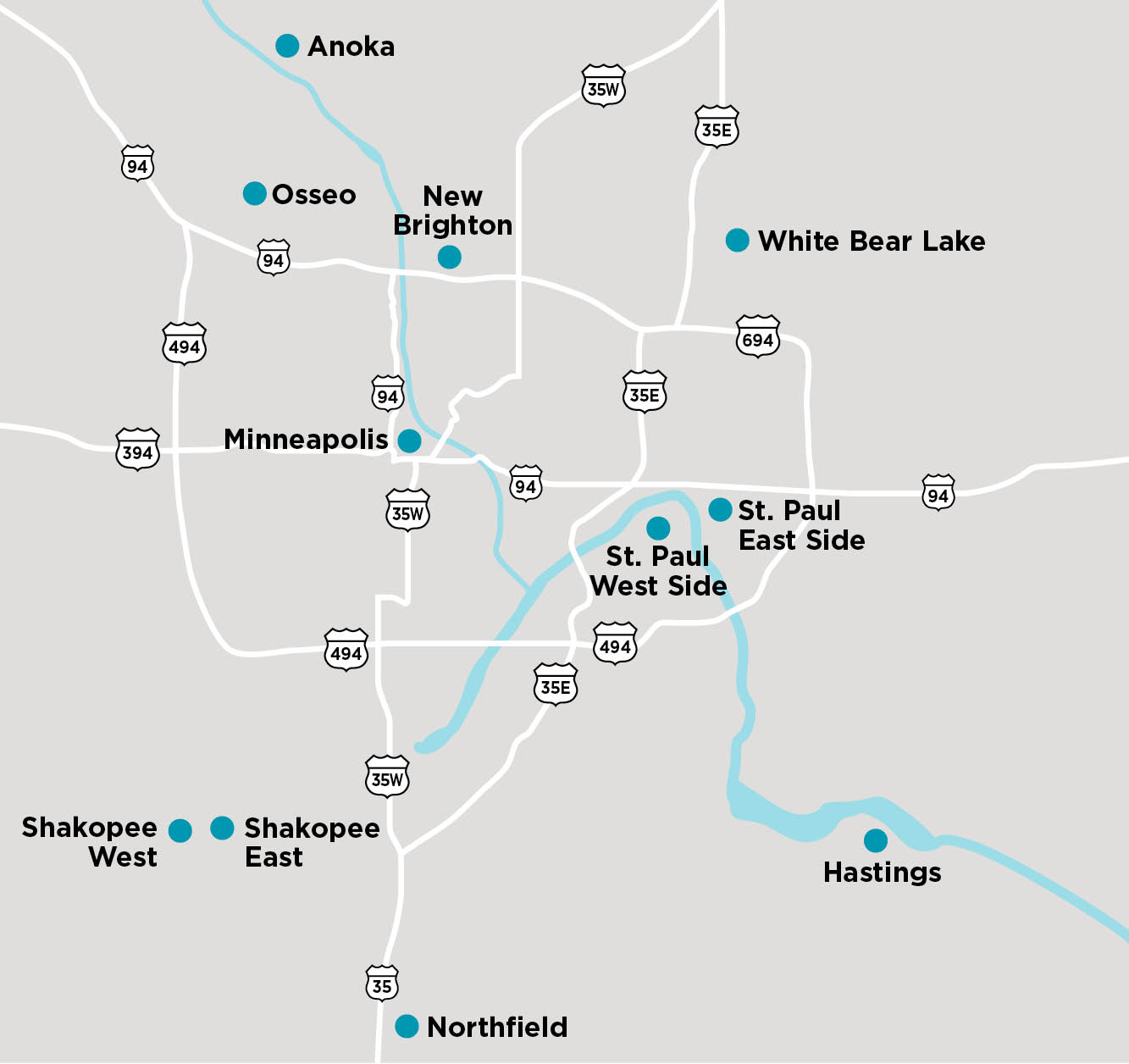 Map highlighting Twin Cities and nearby communities fostering connection and comfortable living.