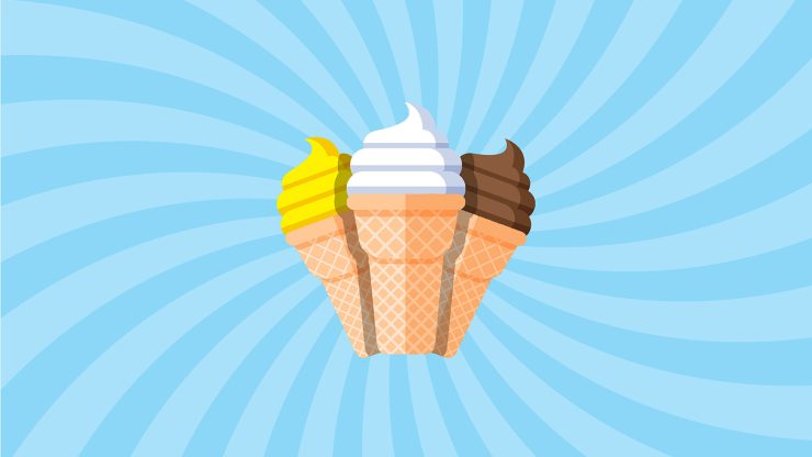 Three soft serve ice cream cones in vanilla, chocolate, and lemon flavors on a bright background