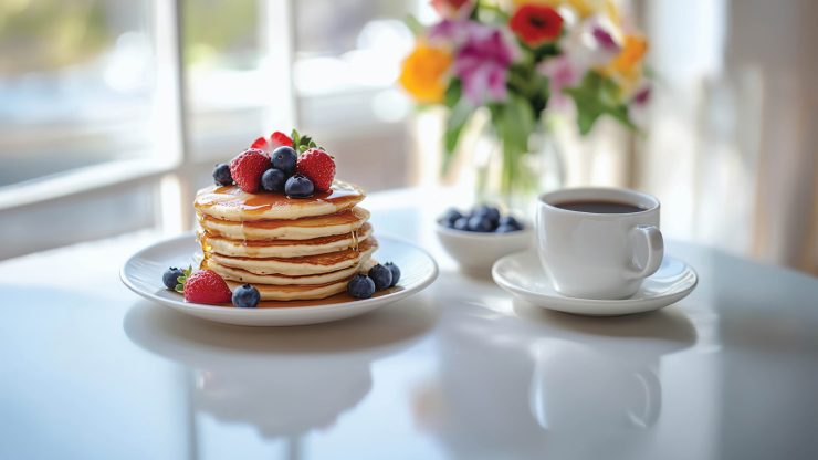 Stack of pancakes with fresh berries and syrup next to coffee and flowers by a sunny window.