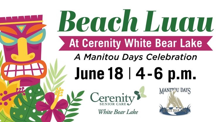 Tropical-themed event announcement celebrating community and fun at Cerenity White Bear Lake.