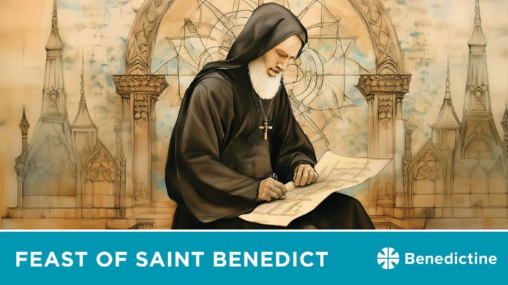 Saint Benedict depicted in peaceful reflection against a warm, inviting architectural backdrop.