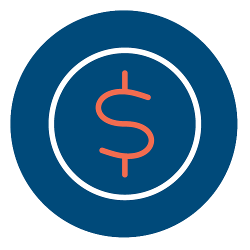 Simple red dollar sign symbol in white circle on blue background representing contribution and support.