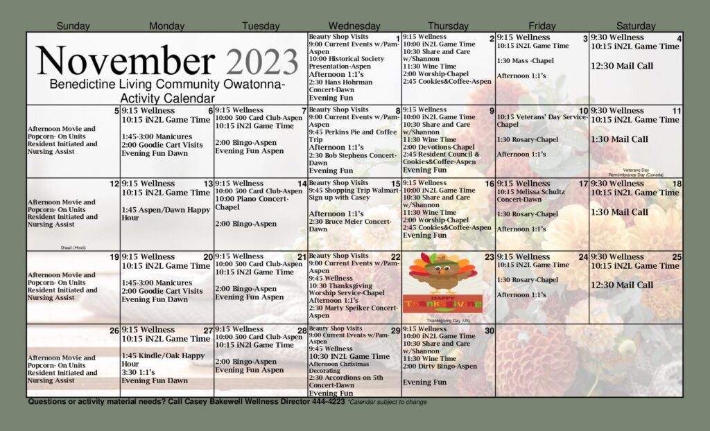 Calendar of events for November 2023.